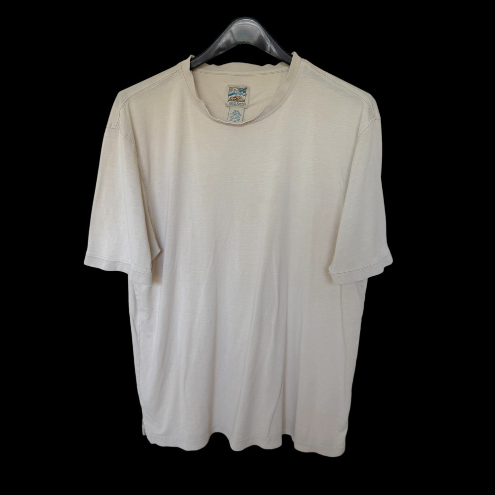 TravelSmith XL Silk Cotton Blend T-Shirt Beige Crew Neck Short Sleeve Distressed